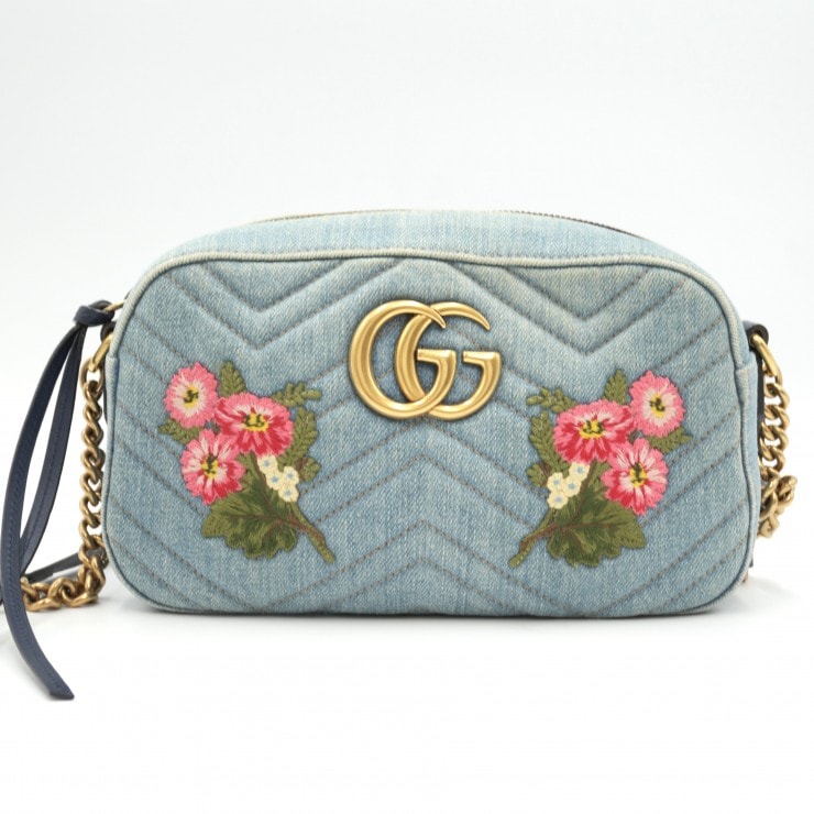 GUCCI(グッチ)GGマーモント キルティング スモール ショルダーバッグ デニム フラワー刺繍 ライトブルー ゴールド金具 447632 レディース【中古】