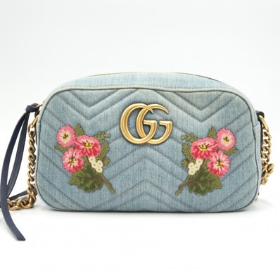 GUCCI(グッチ)GGマーモント キルティング スモール ショルダーバッグ デニム フラワー刺繍 ライトブルー ゴールド金具 447632 レディース【中古】