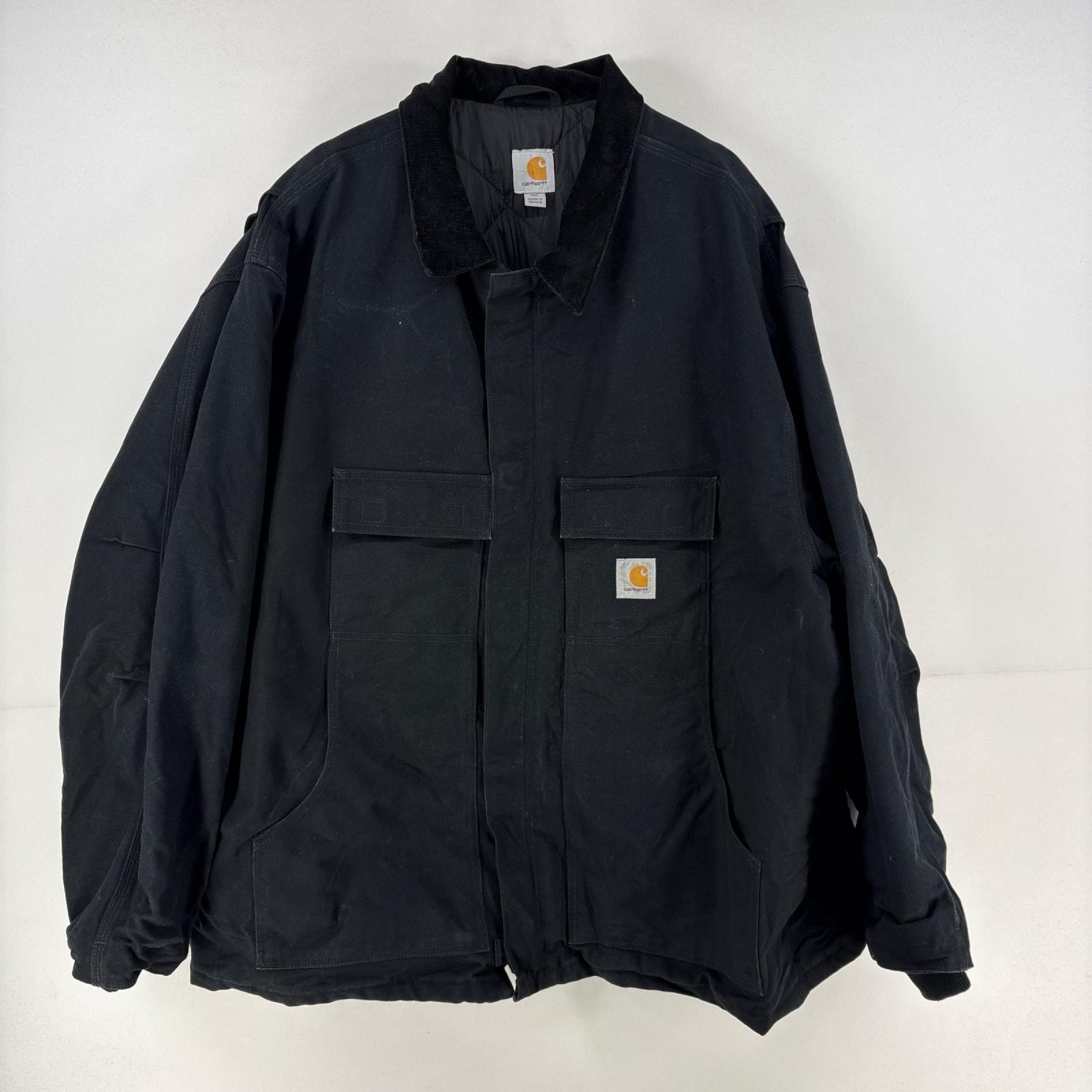 古着 カーハート Carhartt ダック ジャケット 中綿 ロゴ トラディショナルコート フルジップ 大きいサイズ 4XL ブラック メンズ