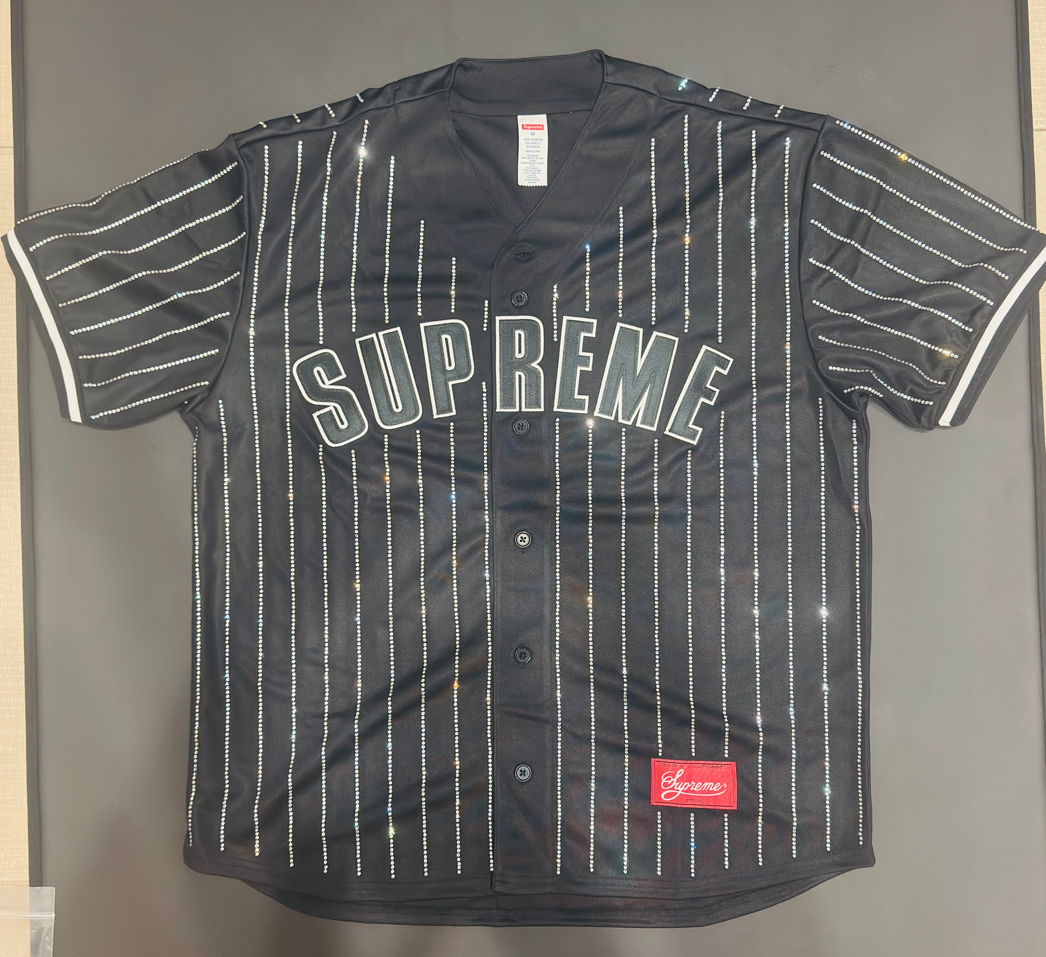 Supreme Rhinestone Stripe Baseball Jersey "Black"