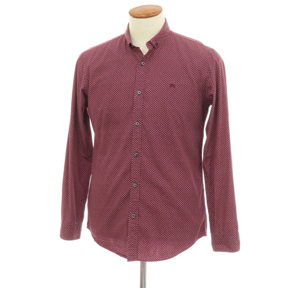 【中古】バーバリーブラックレーベル BURBERRY BLACK LABEL コットン 総柄プリント ショートボタンダウンカラー カジュアルシャツ バーガンディ【サイズ2】【メンズ】