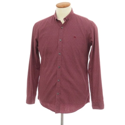 【中古】バーバリーブラックレーベル BURBERRY BLACK LABEL コットン 総柄プリント ショートボタンダウンカラー カジュアルシャツ バーガンディ【サイズ2】【メンズ】