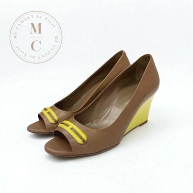 エルメス HERMES パンプス 靴 シューズ レザー ブラウン イエロー シェーヌダンクル ウェッジソール