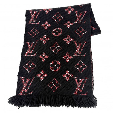 LOUIS VUITTON ルイヴィトン マフラー エシャルプ・ジャイアント モノグラム ジャングル 小物 防寒具 M76345 ウール シルク ブラック 黒 レッド 赤 レディース 冬【中古品】