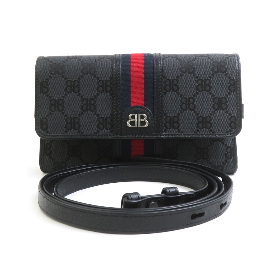 バレンシアガ BALENCIAGA  ショルダーウォレット GUCCIコラボ ザ・ハッカープロジェクト キャンバス/レザー ブラック レディース 680131【中古】 90185a