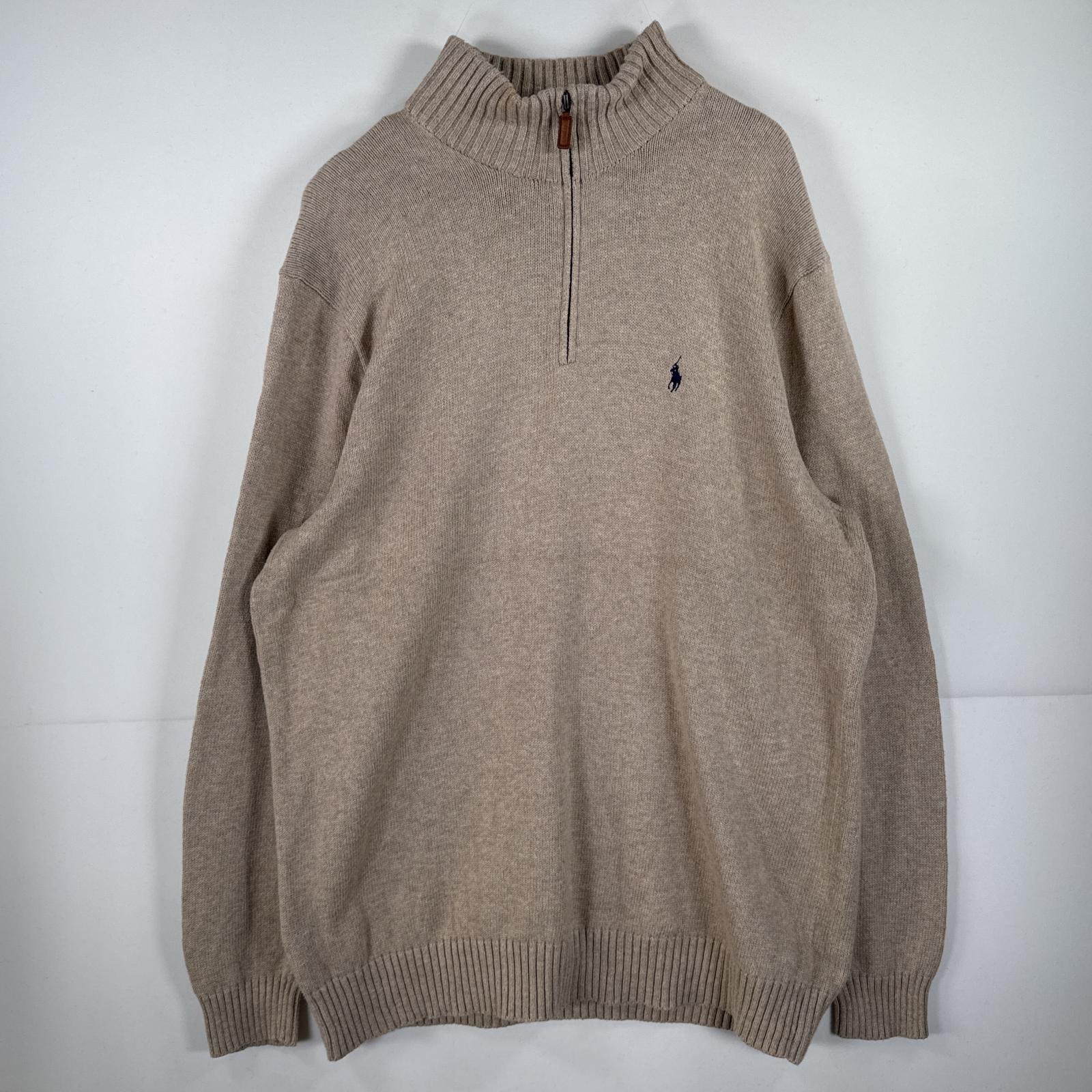 古着 ポロバイラルフローレン Polo by Ralph Lauren 長袖 ニット ハーフジップ トレーナー セーター ワンポイント 刺繍 大きいサイズ XL TALL  ベージュ メンズ