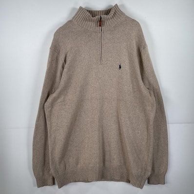 古着 ポロバイラルフローレン Polo by Ralph Lauren 長袖 ニット ハーフジップ トレーナー セーター ワンポイント 刺繍 大きいサイズ XL TALL ベージュ メンズ