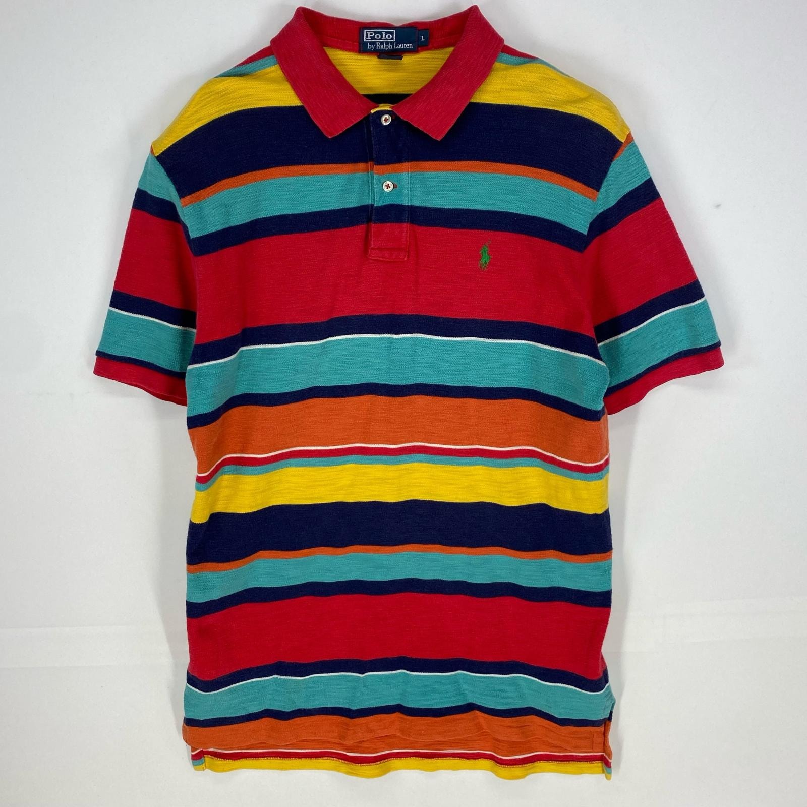 古着 ポロバイラルフローレン Polo by Ralph Lauren 鹿の子 半袖シャツ ワンポイント ポロシャツ 刺繍 L  レッド系 ボーダー メンズ