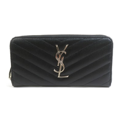 サンローラン SAINT LAURENT ラウンドファスナー長財布 レザー ブラック シルバー レディース【中古】 h31538g