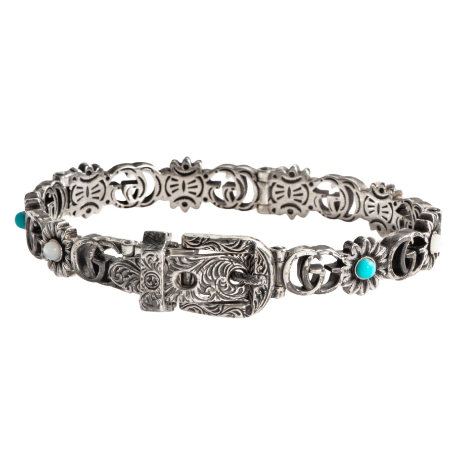 GUCCI グッチ ダブルG フラワー ブレスレット バングル シルバー ブルー【中古】