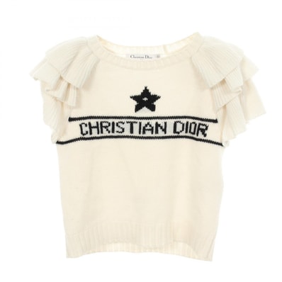 ディオール Dior シグネチャー フリル 半袖 ニット 衣料品 トップス カシミヤ レディース ホワイト系 / ネイビー系 324S13AM003 【中古】