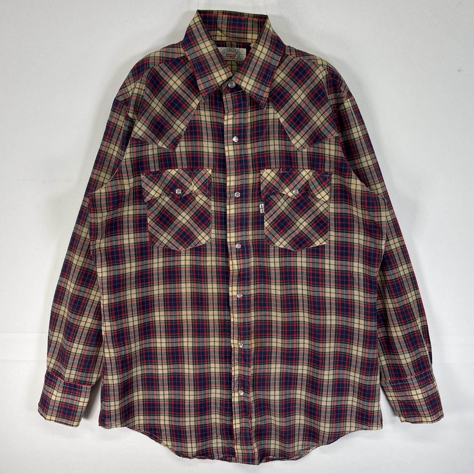 古着 80's/80年代 ヴィンテージ リーバイス Levi's 長袖シャツ チェック ウエスタン スナップボタン フラップポケ ワンポイント ロゴ 薄手 M  ベージュ マルチカラー メンズ