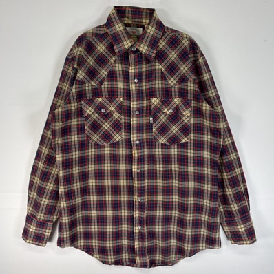 古着 80's/80年代 ヴィンテージ リーバイス Levi's 長袖シャツ チェック ウエスタン スナップボタン フラップポケ ワンポイント ロゴ 薄手 M ベージュ マルチカラー メンズ
