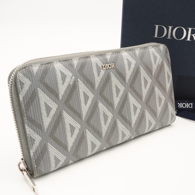 美品 Dior ディオール CD Diamond ロングジップウォレット 2ESBC252DCO_H42E 長財布 グレー コーティングキャンバス レザー メンズ