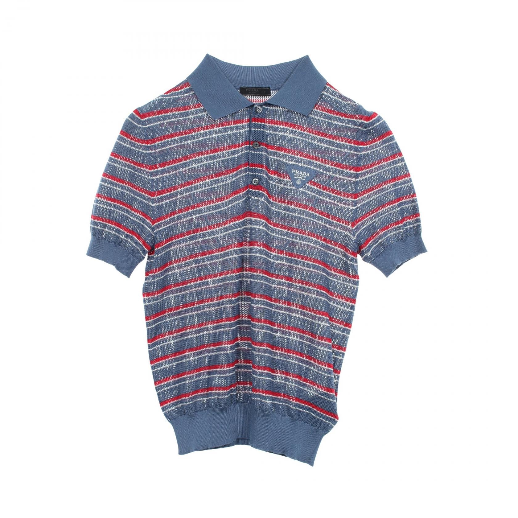 プラダ PRADA ストライプ 半袖 ポロ ニット 衣料品 トップス シルク メンズ ブルー系 / レッド系 / ホワイト系 【中古】