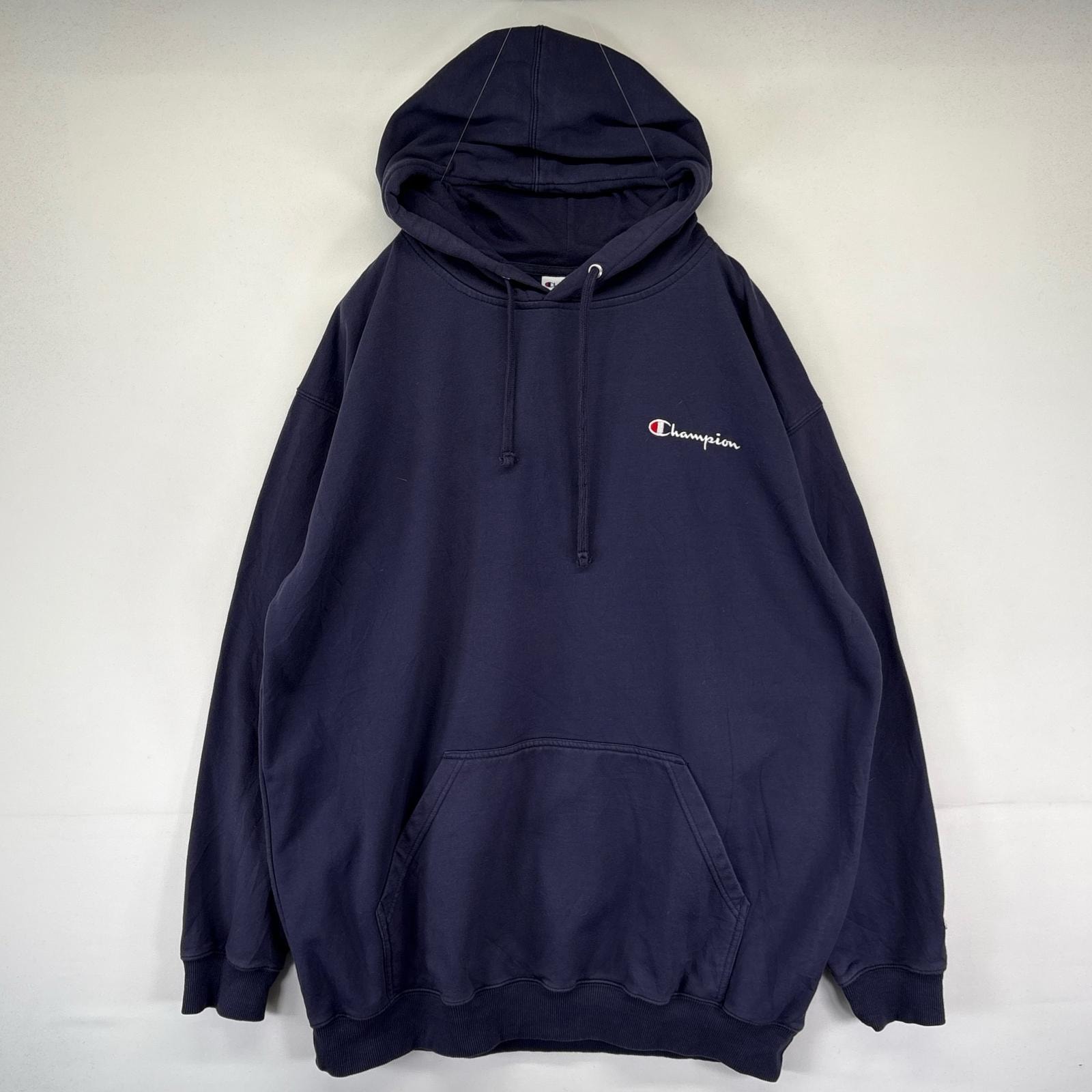 古着 チャンピオン Champion パーカー フード プルオーバー ロゴ刺繍 スウェット 大きいサイズ  ネイビー系 メンズ