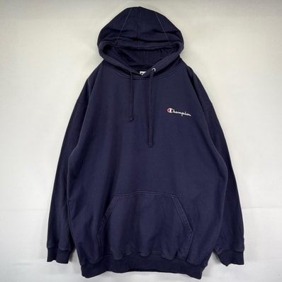 古着 チャンピオン Champion パーカー フード プルオーバー ロゴ刺繍 スウェット 大きいサイズ ネイビー系 メンズ