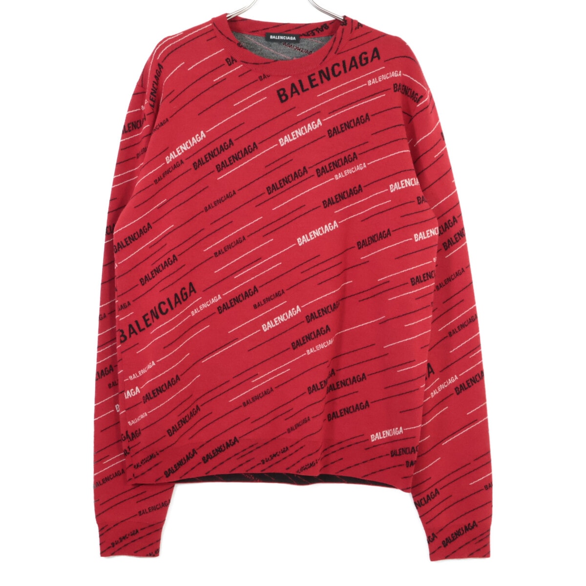 バレンシアガ 19SS 555381 レッド ジャガードロゴオーバーサイズクルーネックニット M