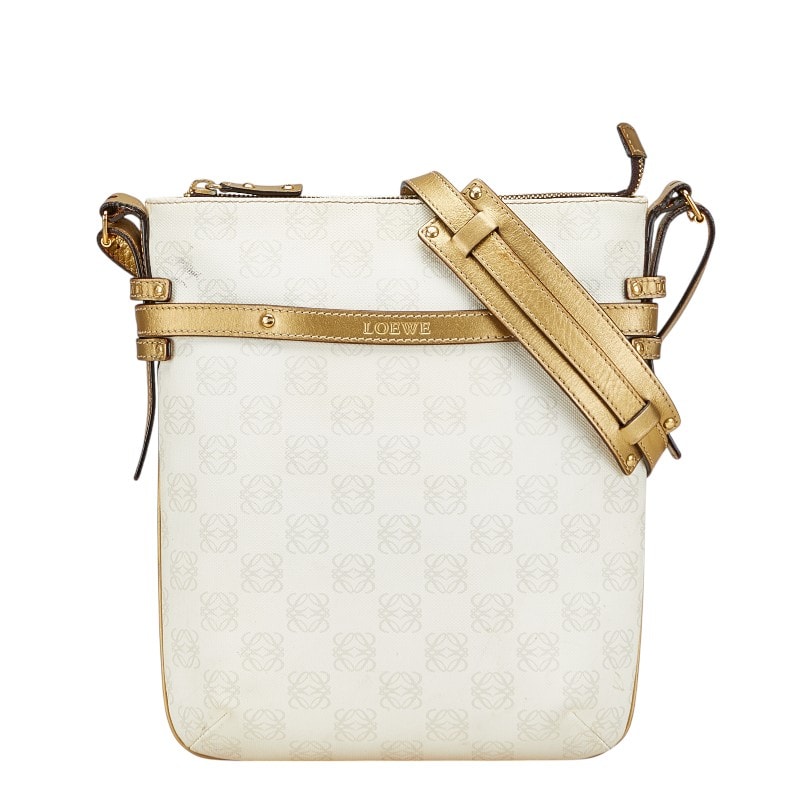 ロエベ アナグラム リピート 斜め掛け ショルダーバッグ ホワイト ゴールド PVC レザー レディース LOEWE 【中古】