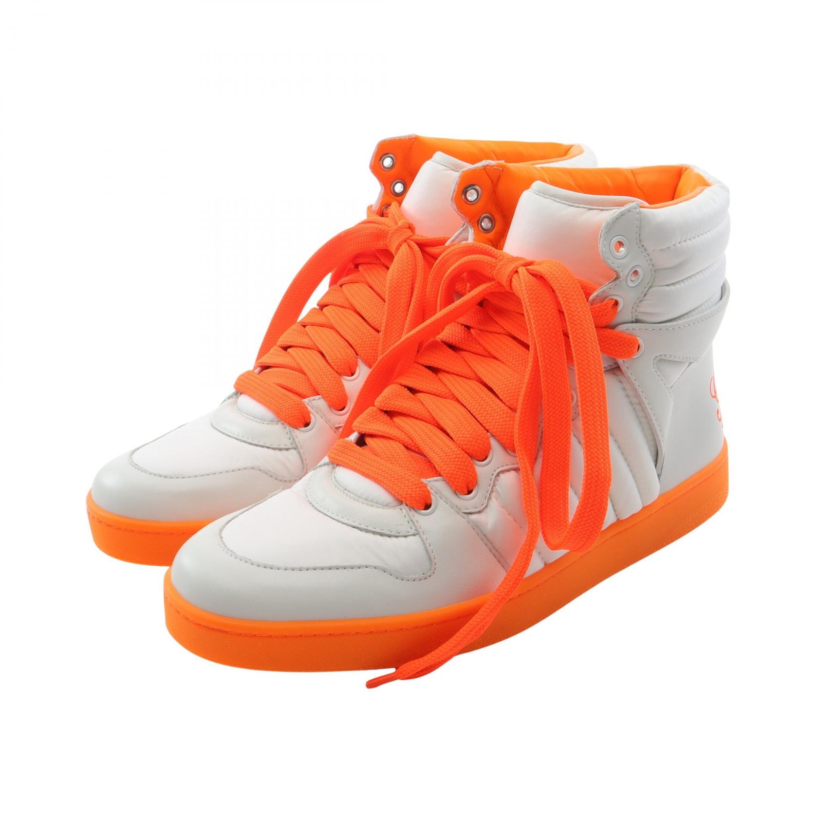 グッチ GUCCI ネオンカラー スニーカー 靴 レザー メンズ ホワイト系 / オレンジ系 【中古】