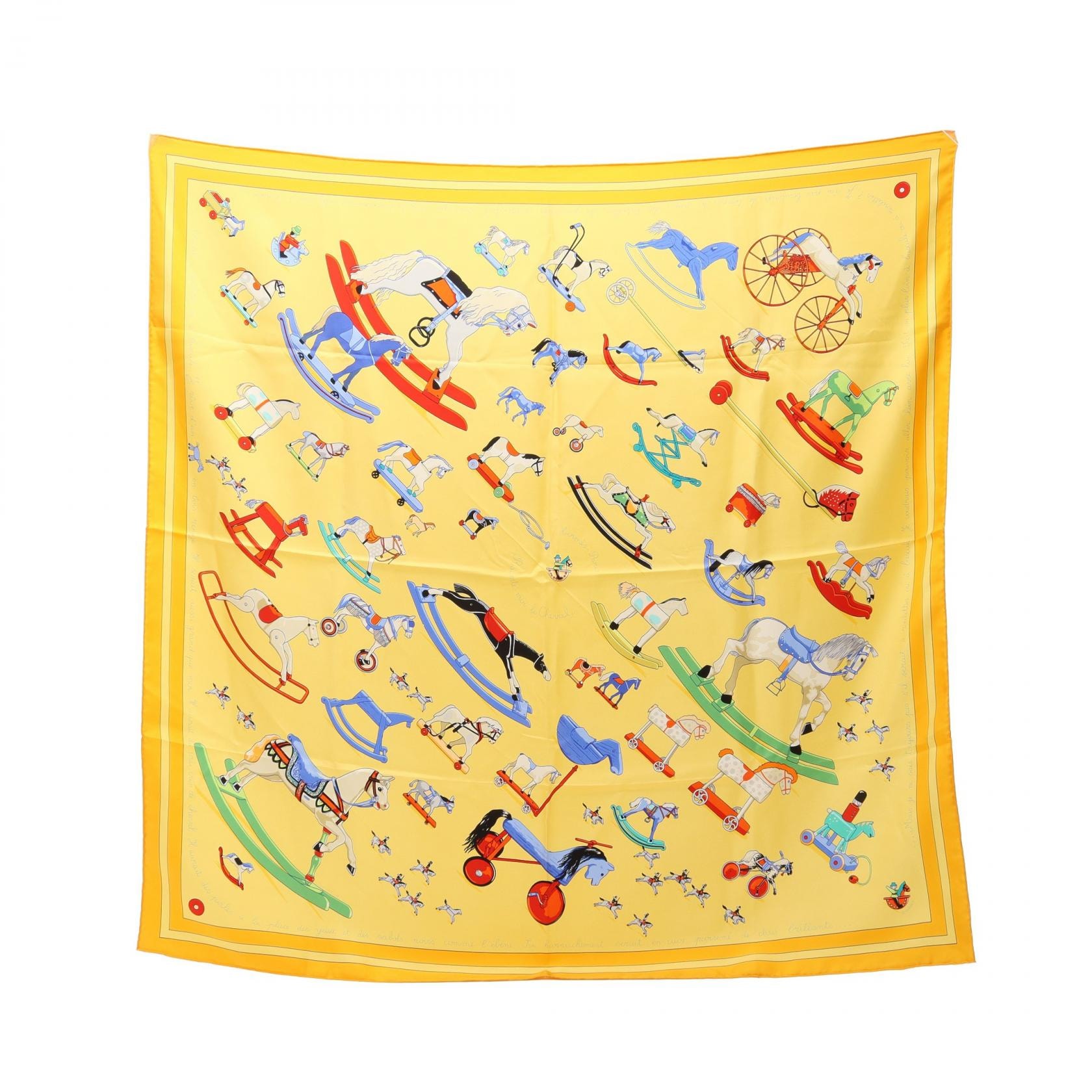 エルメス HERMES カレ90 Raconte moi le Cheval スカーフ 衣料品 シルク シルク レディース イエロー系 / マルチカラー 【中古】