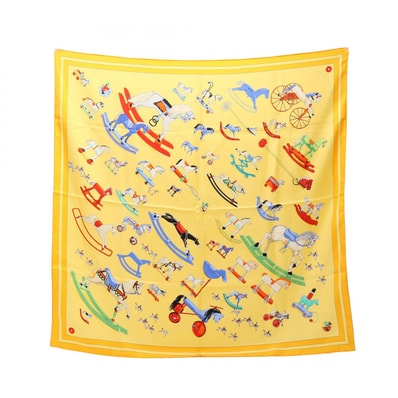 エルメス HERMES カレ90 Raconte moi le Cheval スカーフ 衣料品 シルク シルク レディース イエロー系 / マルチカラー 【中古】