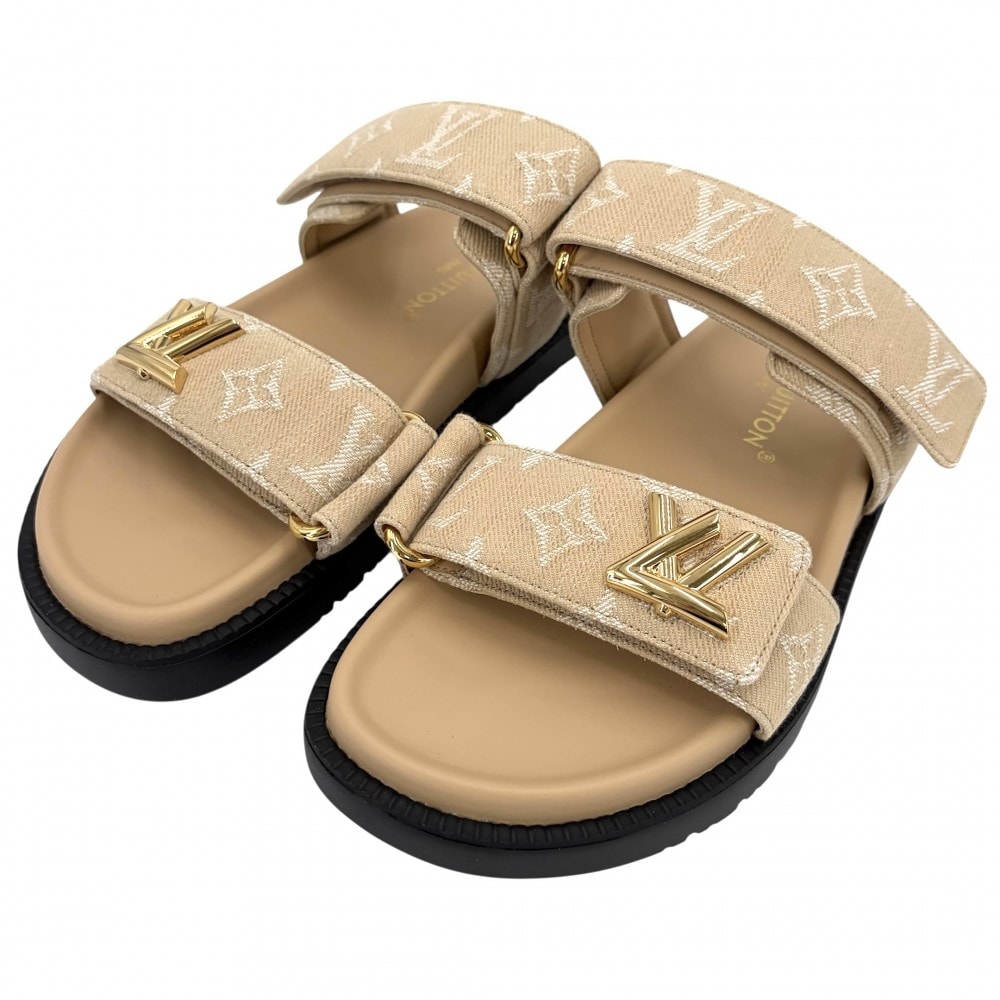 LOUIS VUITTON ルイヴィトン サンダル LVサンセットサンダル モノグラムジャガード 厚底 36 1/2サイズ 1AHNL2 ラバー キャンバス ベージュ ブラック 黒 ゴールド金具 レディース 美品【中古品】