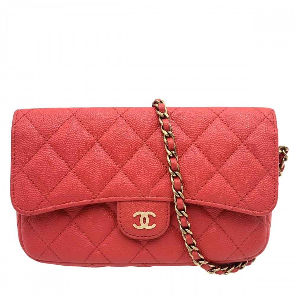 CHANEL シャネル チェーンウォレット マトラッセ ショルダーポーチ 肩掛け 斜め掛け ココマーク ココ 小さめ 鞄 かばん  キャビアスキン   レッド系 ゴールド金具 レディース【中古品】