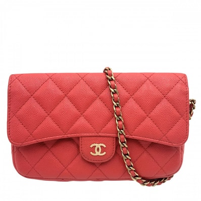CHANEL シャネル チェーンウォレット マトラッセ ショルダーポーチ 肩掛け 斜め掛け ココマーク ココ 小さめ 鞄 かばん キャビアスキン レッド系 ゴールド金具 レディース【中古品】