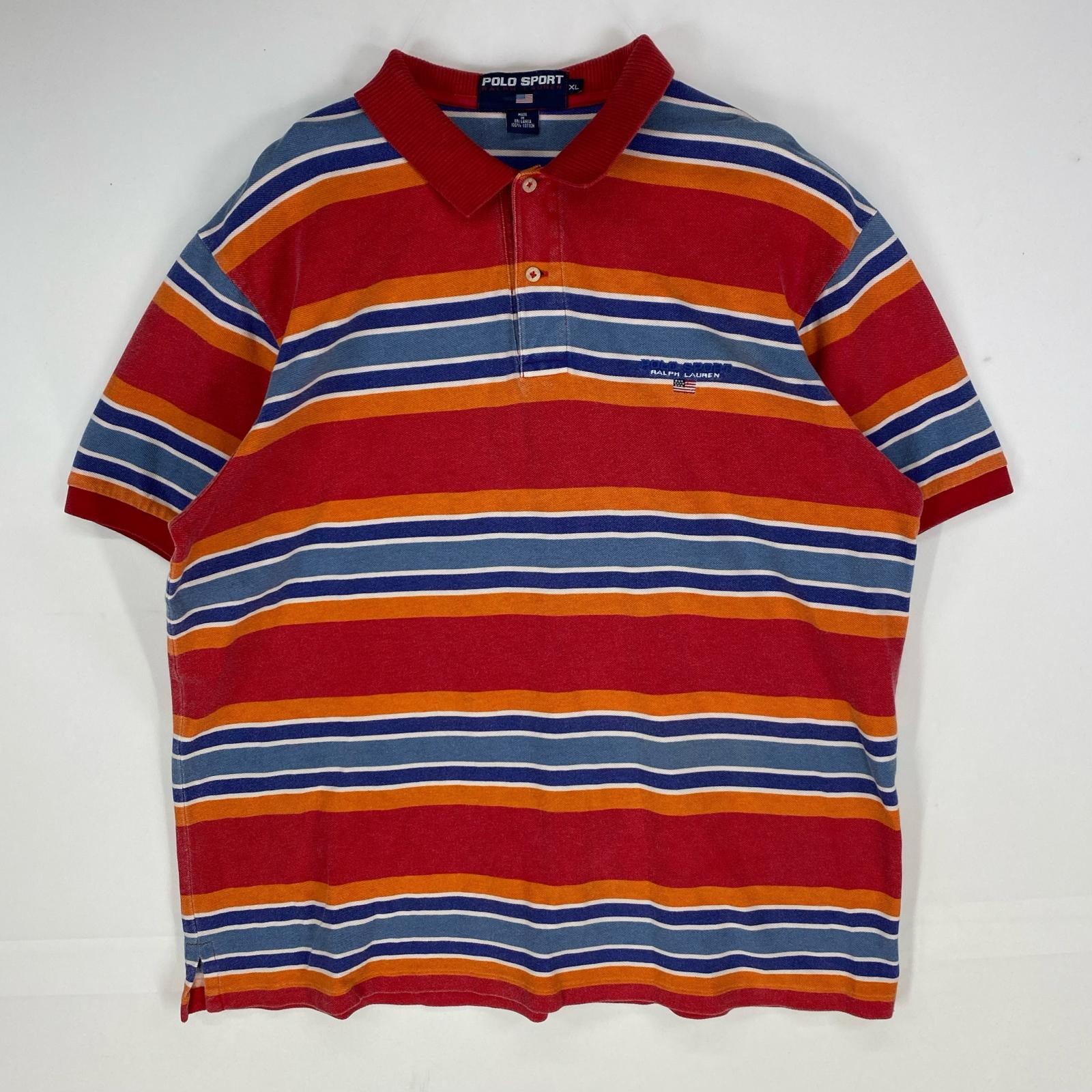 古着 ポロスポーツ POLO SPORTS 鹿の子 半袖シャツ 刺繍ロゴ ポロシャツ ワンポイント XL レッド系 ボーダー メンズ
