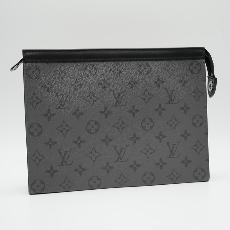 LOUIS VUITTON(ルイ・ヴィトン)ポシェット・ヴォワヤージュ MM クラッチバッグ セカンドバッグ モノグラム・エクリプス グレー ブラック PVCコーティングキャンバス シルバー金具 メンズ【中古】