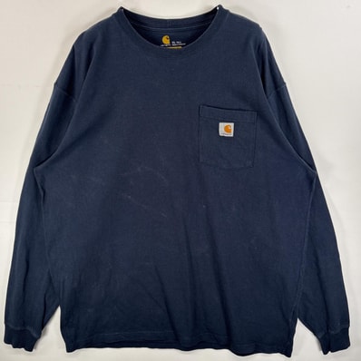 古着 カーハート Carhartt 長袖Tシャツ 肉厚 大きいサイズ ワンポイント ロゴ XL ネイビー 無地 メンズ