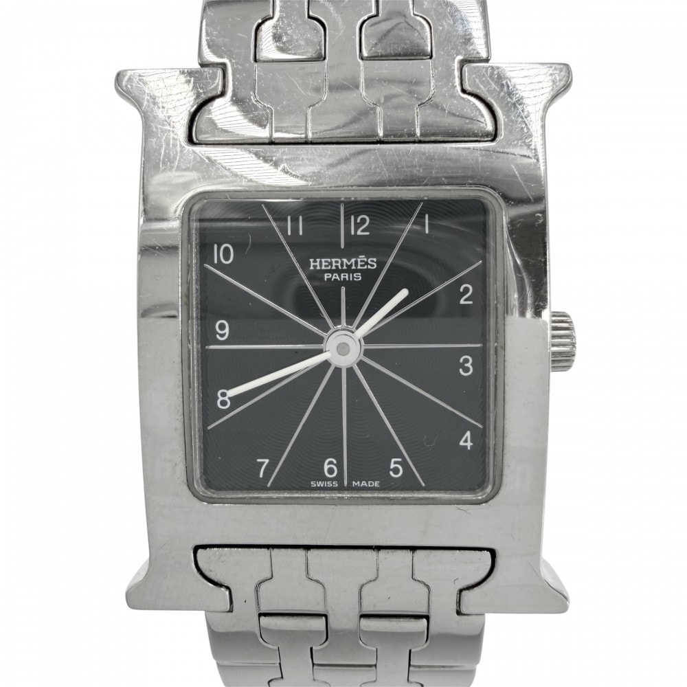 HERMES エルメス 腕時計 Hウォッチ QZ 黒文字盤 H WATCH 電池式 SS HH1.210 クオーツ ステンレススチール シルバー ブラック 黒 レディース【中古品】