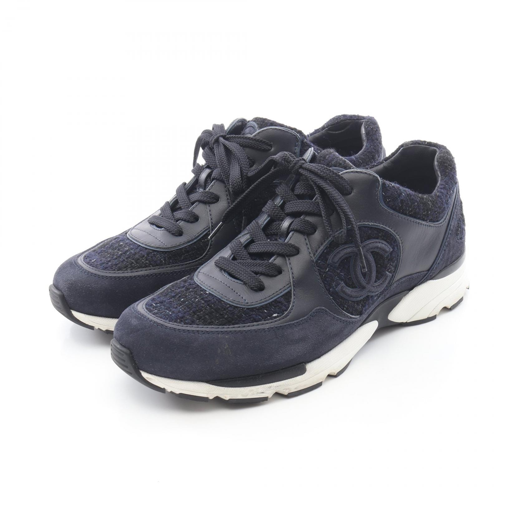 シャネル CHANEL ココマーク スニーカー 靴 ファブリック スウェード レザー メンズ ネイビー系 G39068 【中古】