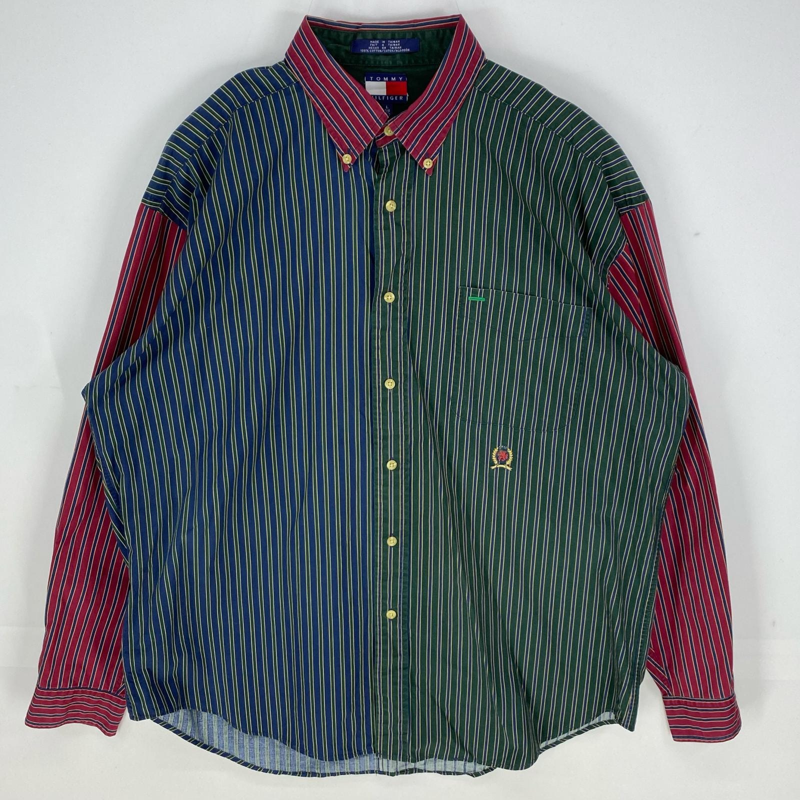 古着 90's/90年代 トミーヒルフィガー TOMMY HILFIGER 長袖シャツ 胸ポケット 刺繍ロゴ ボタンダウン L グリーン系 ストライプ メンズ