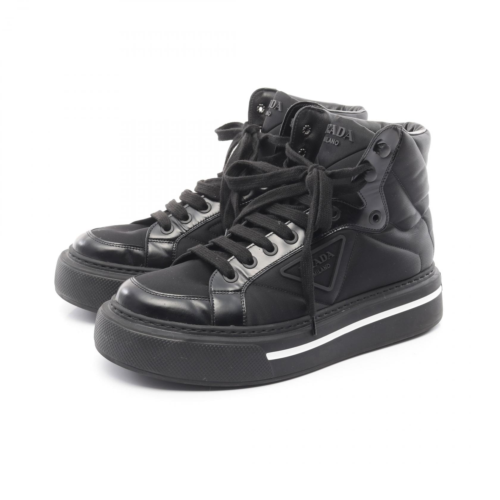プラダ PRADA Re-Nylon マクロ ハイトップ スニーカー 靴 ナイロン レザー メンズ ブラック系 【中古】