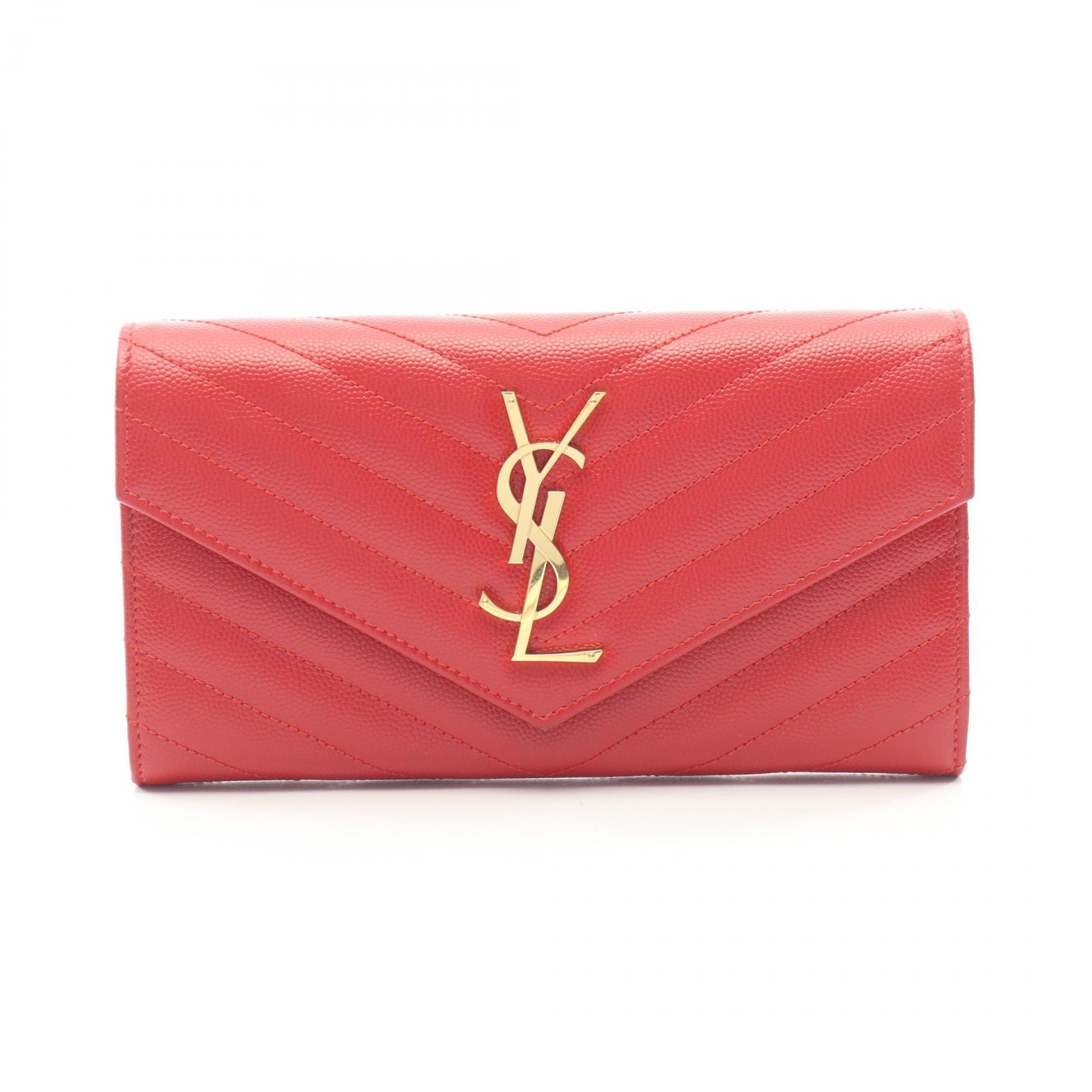 サンローランパリ SAINT LAURENT PARIS モノグラム 二つ折り長財布 財布 レザー レディース レッド系 372264 BOW01 【中古】