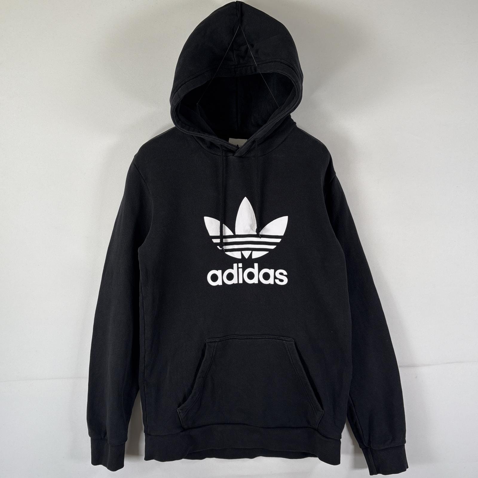 古着 アディダス adidas パーカー スウェット トレフォイルロゴ ビッグプリント プルオーバー フーディ M  ブラック メンズ
