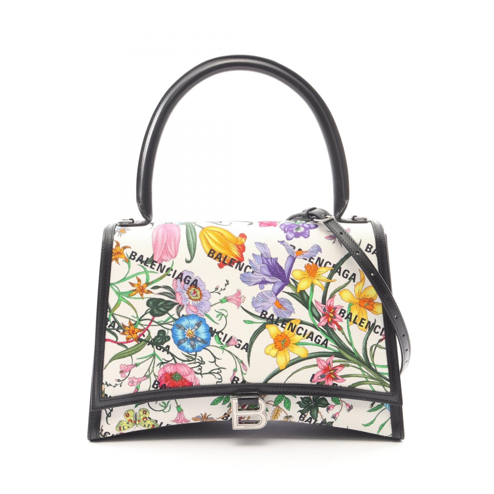 グッチ GUCCI BALENCIAGA ザ ハッカープロジェクト フローラ アワーグラス ハンドバッグ バッグ PVCコーティングキャンバス レザー レディース ホワイト系 / ブラック系 / マルチカラー 681696 【中古】