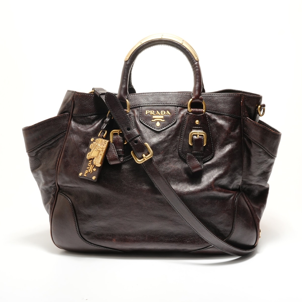 プラダ PRADA グラッセカーフ ラージ ドーム サッチェル ハンドバッグ【中古】