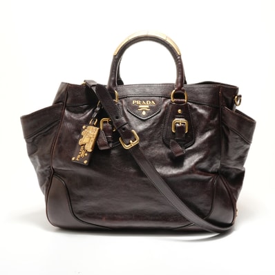 プラダ PRADA グラッセカーフ ラージ ドーム サッチェル ハンドバッグ【中古】