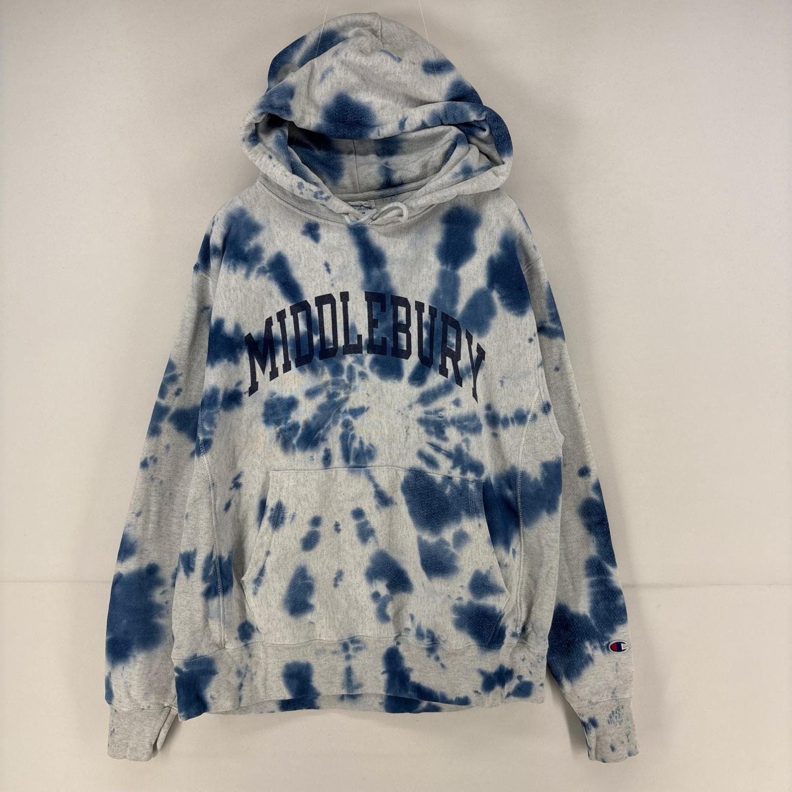 古着 チャンピオン Champion パーカー スウェット リバースウィーブ プルオーバー プリント ブリーチ M ブルー タイダイ メンズ
