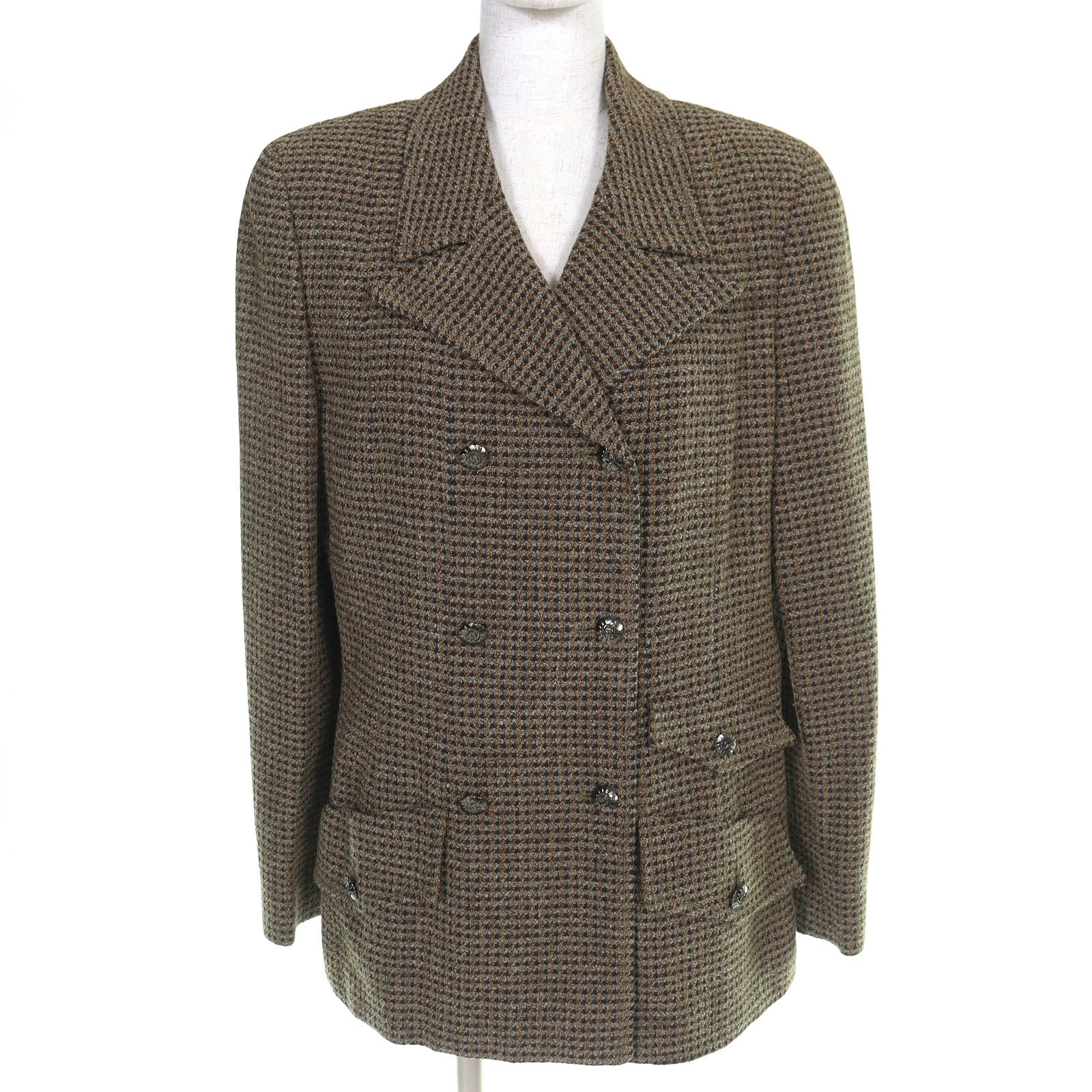 極美品 シャネル ココマークボタン ツイードジャケット カーキ レディース 44