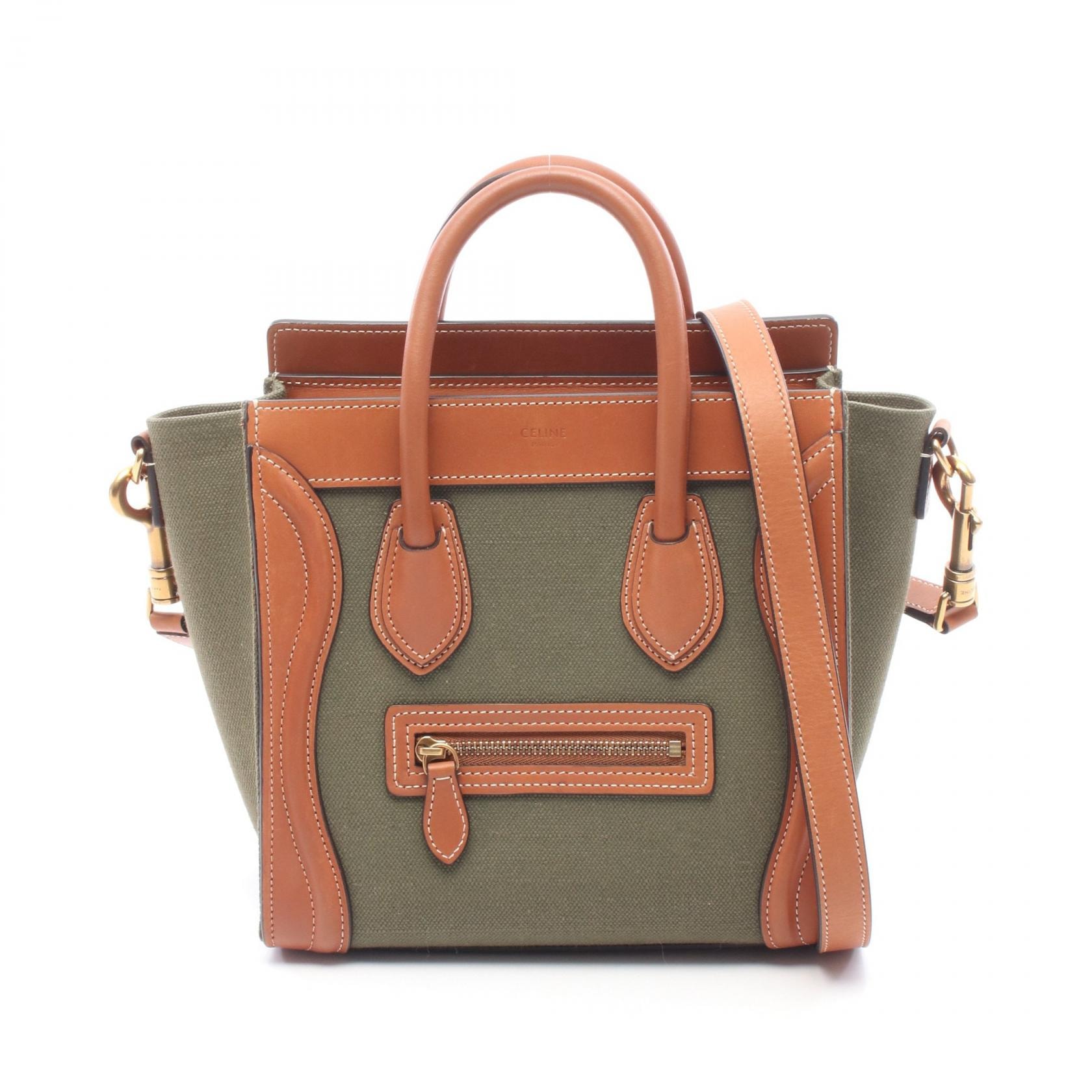 セリーヌ CELINE ラゲージ ナノショッパー 2WAY ハンドバッグ バッグ キャンバス レザー レディース カーキ系 / ブラウン系 【中古】