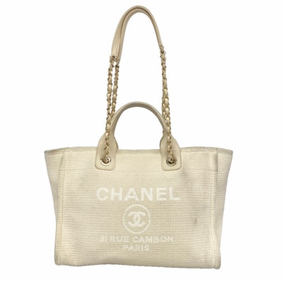 ★最終価格★SALE【6ie6989】シャネル チェーントート ドーヴィル キャンバス ホワイト シャンパンゴールド金具 2wayバッグ【中古】レディース