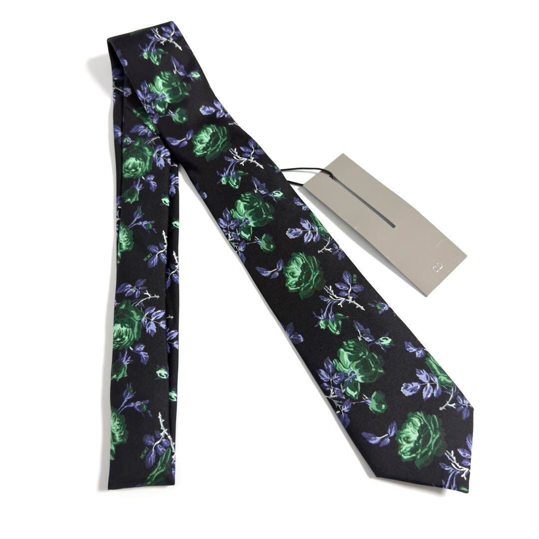 【未使用】ディオール メンズ ネクタイ ジャルダン ローズ 花柄 黒 シルク