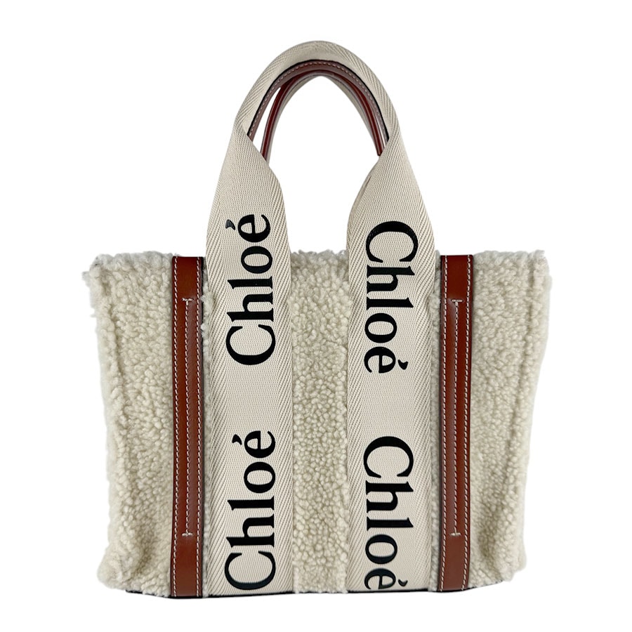 クロエ Chloe ハンドバッグ ショルダーバッグ Woody スモール ボア/レザー アイボリー/ブラウン レディース【中古】 z9695