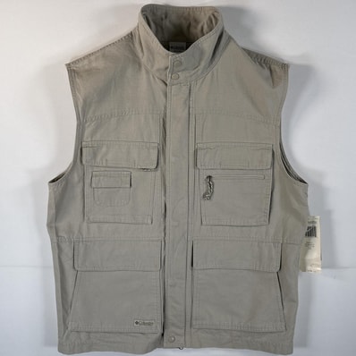 古着 コロンビア Columbia ダック フィッシングベスト 多機能ポケット デッドストック タグ付き ワンポイントロゴ L ベージュ メンズ