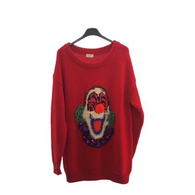 美品 CELINE セリーヌ ピエロ スパンコール サイズXS レッド マルチカラー ウール コットン/ セーター ニット 505642 【中古】