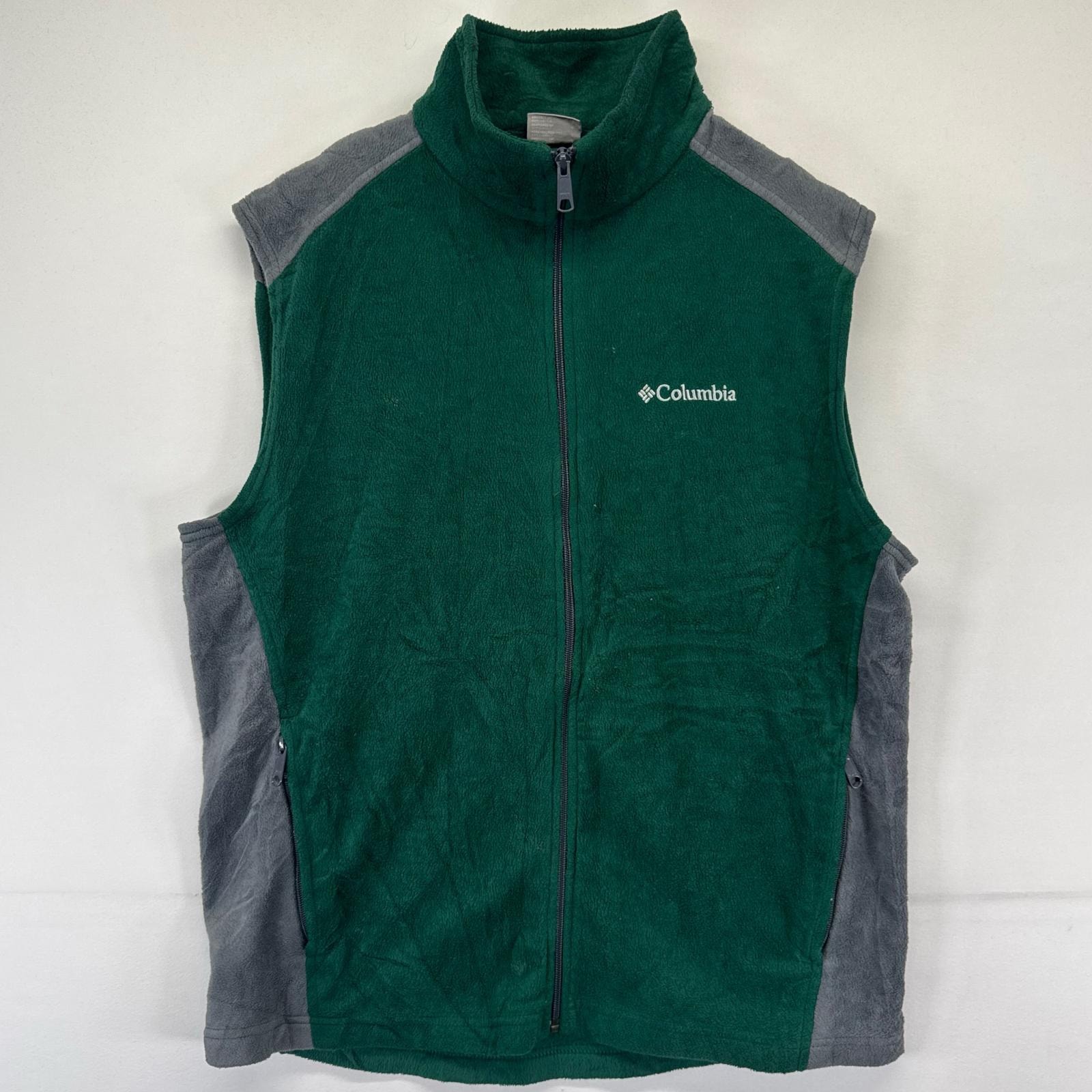 古着 コロンビア Columbia フリース ベスト フルジップ ワンポイント刺繍 ドローコード L  グリーン系 ツートン メンズ